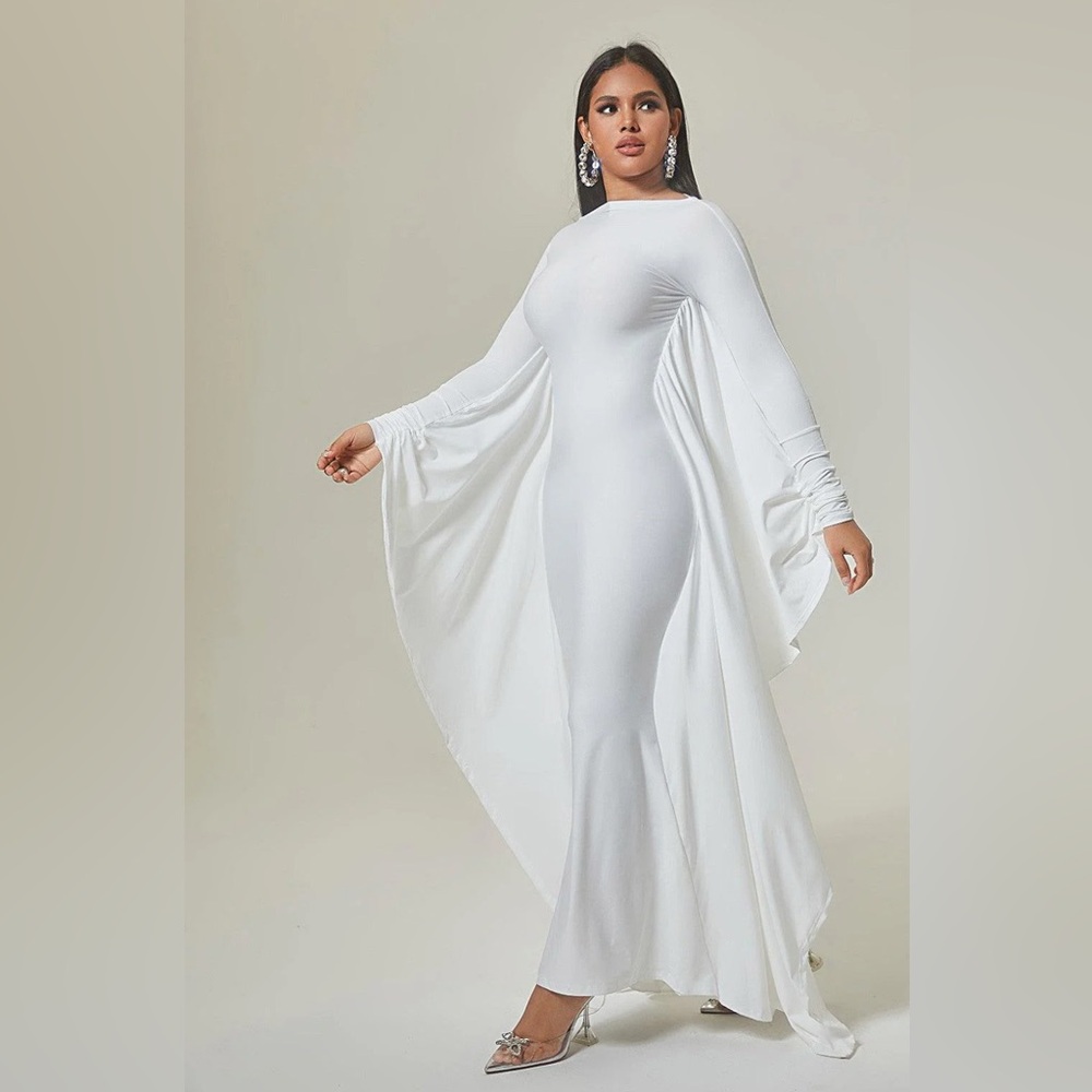 Eirene White Dolman Sleeve Maxi Dress Goddess Cape Gown Elegant Evening Formal